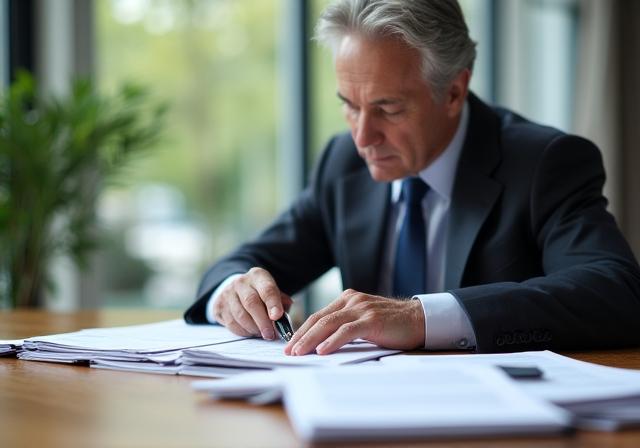 Senior legal professional reviewing high-stakes business contracts in a modern office environment