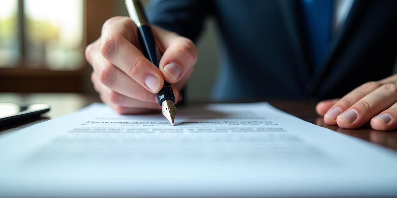 Close-up professional perspective of signing a legal contract with a fountain pen in a modern office